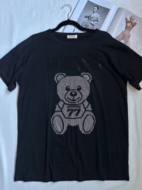 Black Short-Sleeve Tee with Crystal Teddy Motif